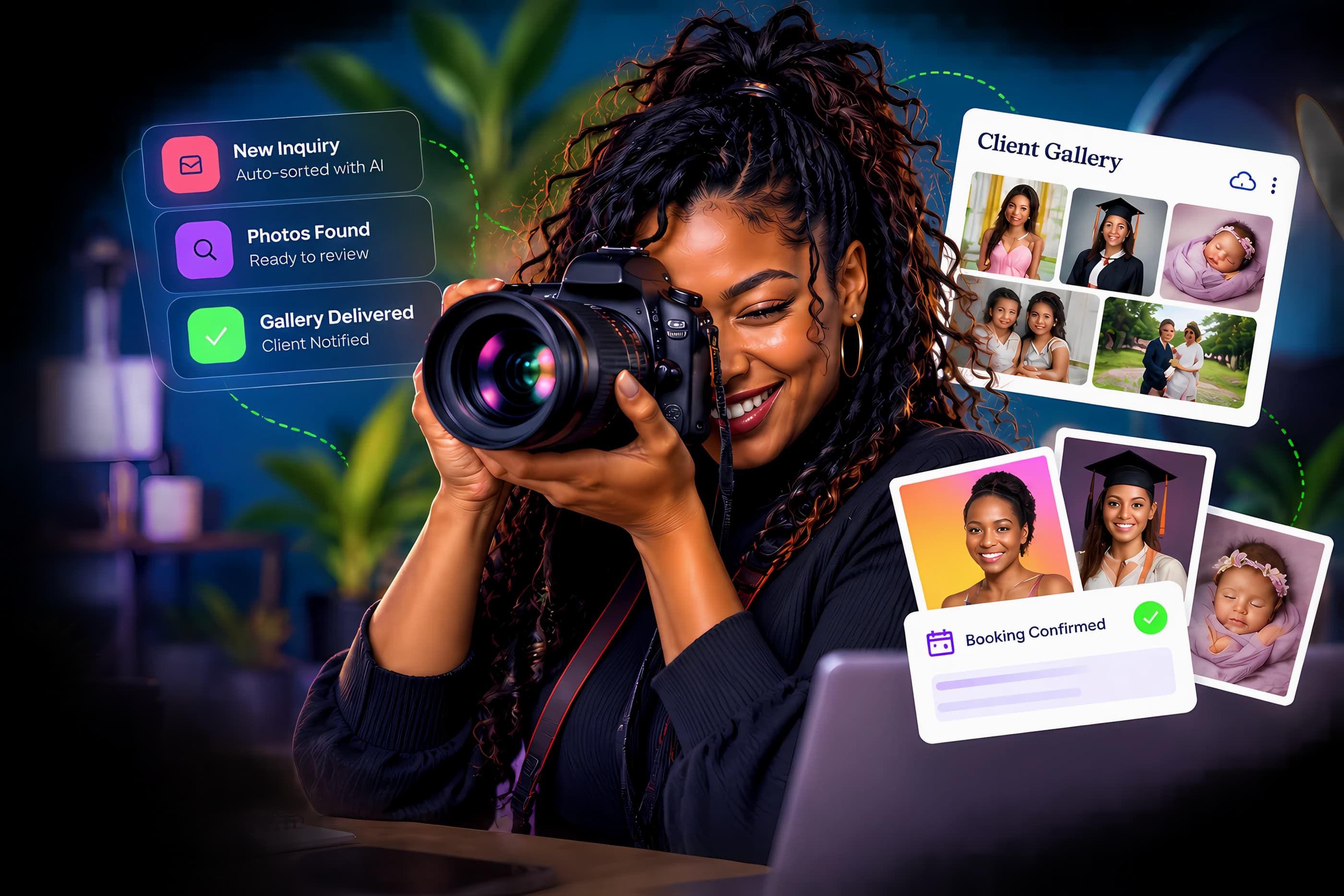 A smiling photographer shooting with her camera, surrounded by PhotoEZ Cloud cards: a new inquiry sorted by AI, photos found, a gallery delivered, a client gallery, and a booking confirmed.